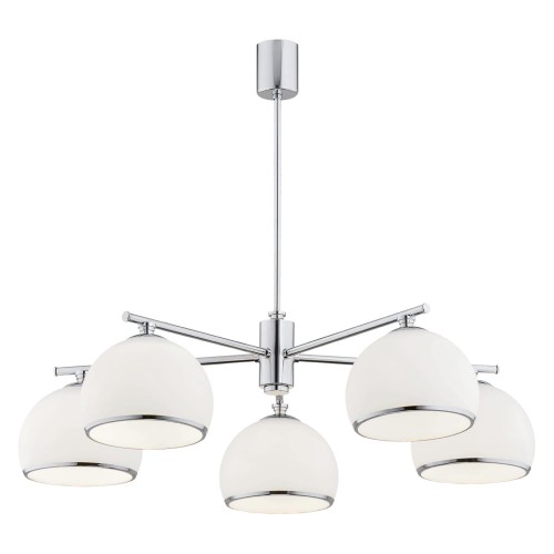 Chromowy klasyczny żyrandol na 5 żarówek białe matowe klosze półokrągłe Marbella 2087