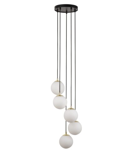 Lampa wisząca z 5 kulistymi białymi kloszami i mosiądzowanymi podkloszówkami PIANO 5 SIGMA 33659