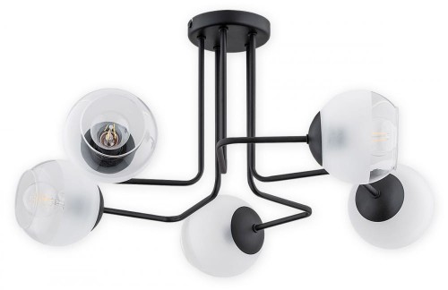 Lampa wisząca Pinox żyrandol 5 pł. - czarny matowy - klosz biały mrożony + przezroczystyO3085 W5 CZA  LEMIR