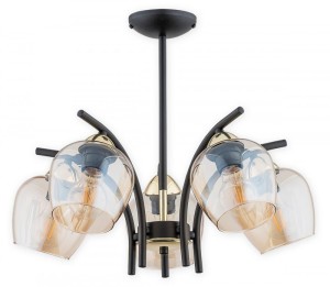 Lampa Maral żyrandol 5-punktowy - czarny matowy + złoty - bursztynowy półprzezroczysty O3075 W5 CZA + ZL Lemir