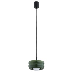Lampa wisząca w stylu modern z białą kulką, obłe kształty retro szkło butelkowa zieleń opal TEVO 8815