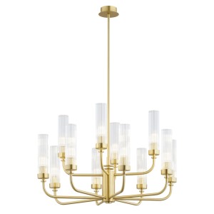 ARGON lampa wisząca do salonu żyrandol mosiądz szczotkowany 12 płomienny ryflowane klosze PRESTON 5086