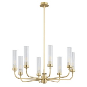 ARGON lampa wisząca duży mosiężny żyrandol ryflowane szkło klosze 8 płomienny PRESTON 5082