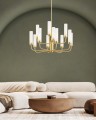 ARGON lampa wisząca żyrandol mosiądz szczotkowany 12 płomienny mleczne klosze PRESTON 5085