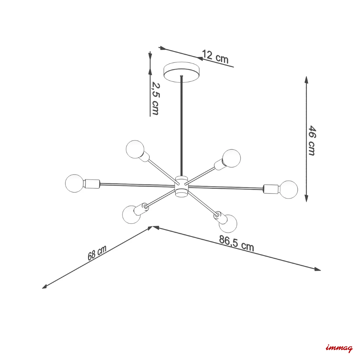 Lampa wisząca LANGO 6 czarna żyrandol SL.1023 SOLLUX LIGHTING - wymiary
