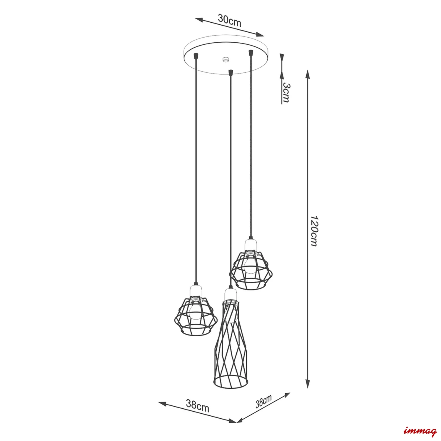 Lampa wisząca SUBA 3P czarna zwis SL.1166 SOLLUX LIGHTING - wymiary