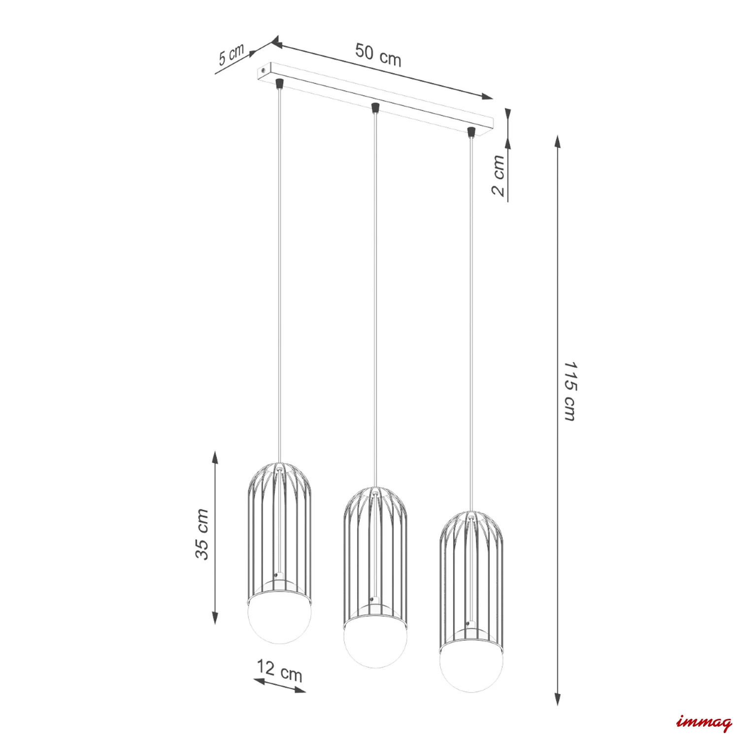 Lampa wisząca BRINA 3L czarna zwis SL.1334 SOLLUX LIGHTING - wymiary